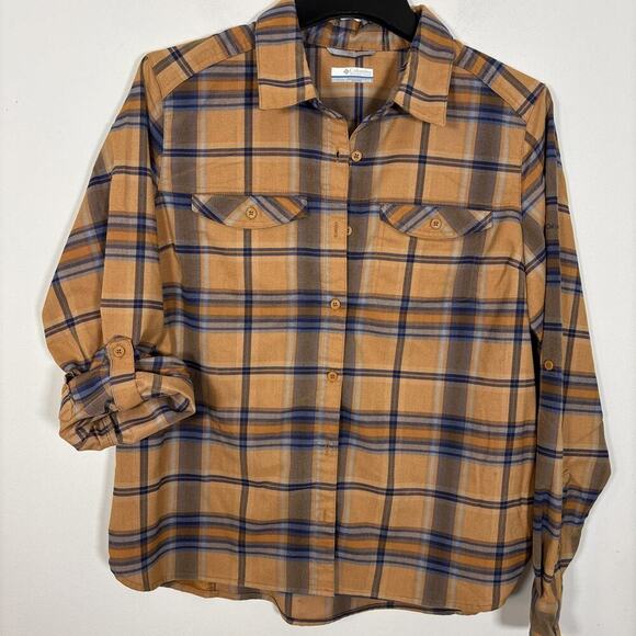 Columbia Shirt Women XL Brown Plaid Roll Tab Long Sleeve Button Up Blouse Fall - Picture 11 of 12